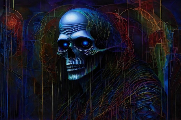 Ilustración de una calavera en la oscuridad con fondo de colores