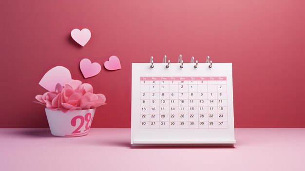 Ilustración del calendario de escritorio para febrero de 2024 en un rosa