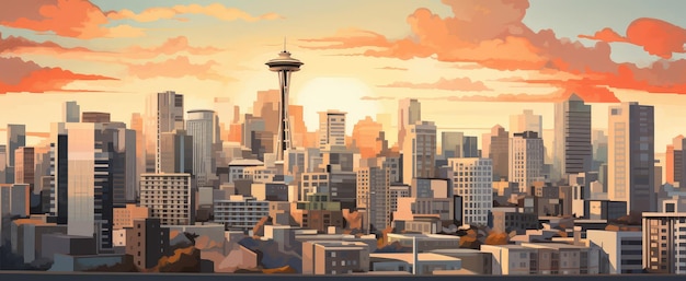 Ilustración del cálido atardecer sobre el paisaje urbano de Seattle