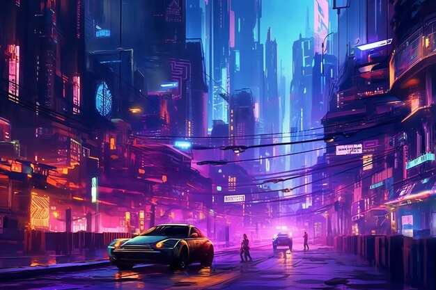 Ilustración de una calle futurista y edificios por la noche con luces de neón