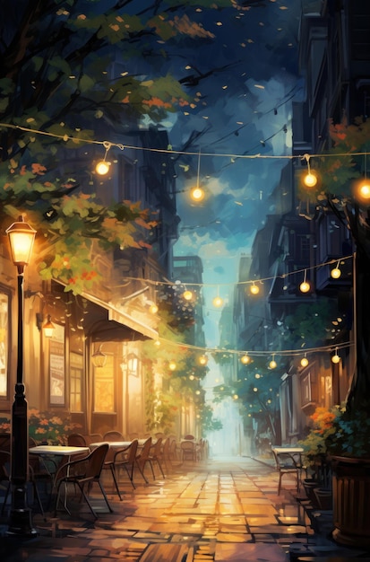 una ilustración de una calle con luces y árboles