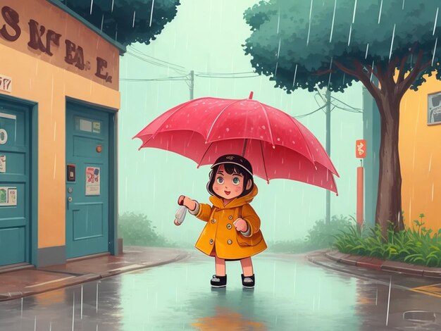 Foto ilustración callejera de dibujos animados dibujada a mano bajo la lluvia
