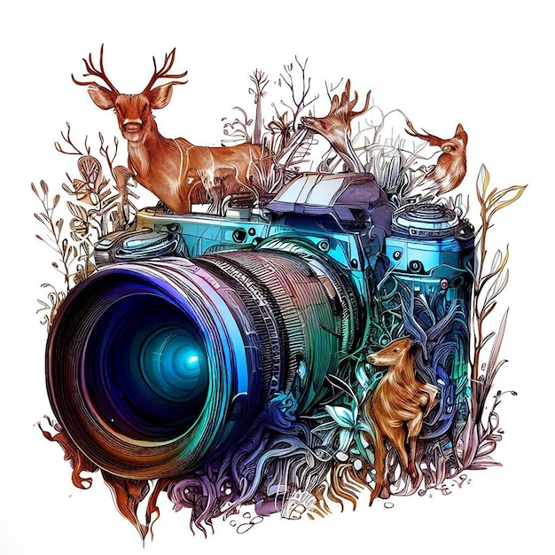 una ilustración de una cámara con naturaleza salvaje