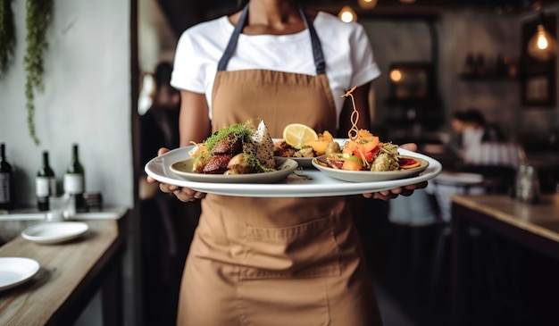 Ilustración camarera con platos deliciosos generativo ai