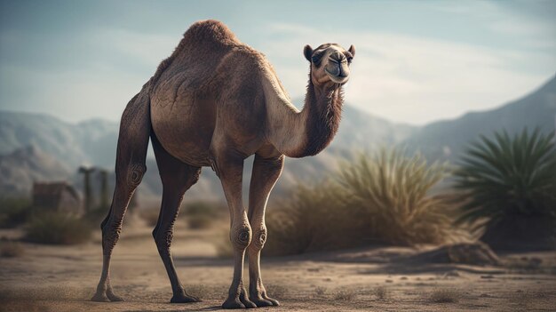 Foto ilustración de un camello caminando en un desierto estéril