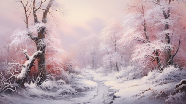 una ilustración de un camino nevado a través de un bosque