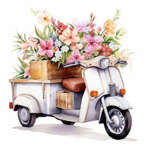 Ilustración camiones de carga que llevan flores acuarela