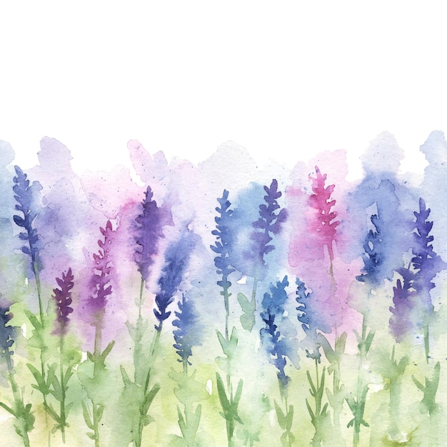 Ilustración de campo de lavanda acuarela pintada a mano