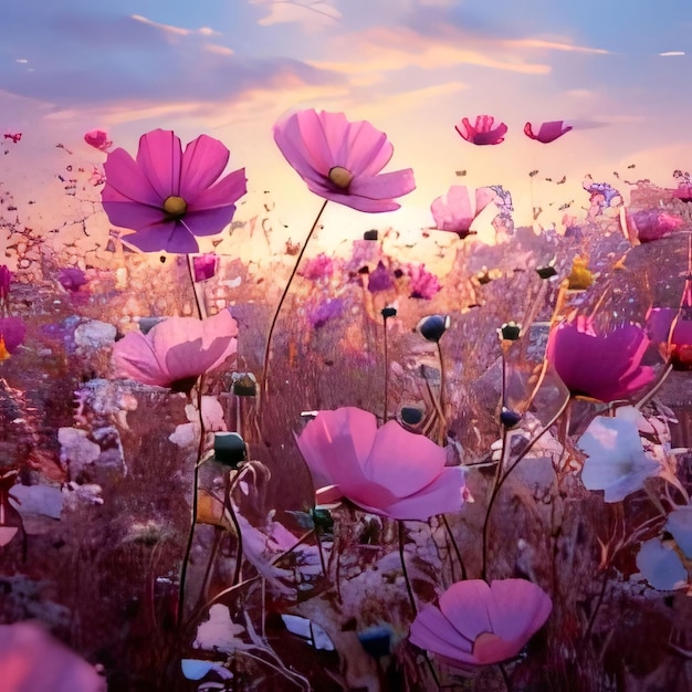 Ilustración de un campo lleno de flores rosadas en el sol al atardecer Flores en flor un símbolo de la primavera nueva vida