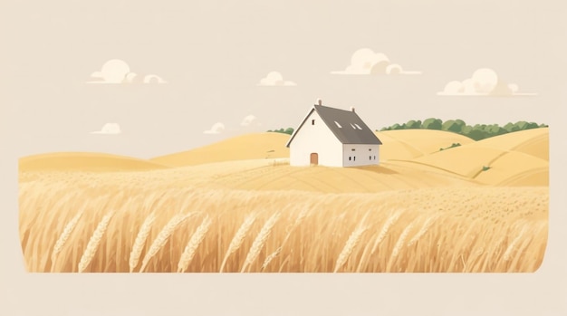 Ilustración de campos de trigo y granja de ensueño rural en una representación elegante