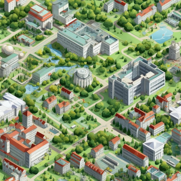 Ilustración de un campus universitario en estilo isométrico realista con azulejos