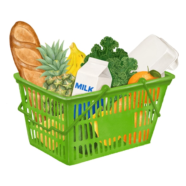 Ilustración de la canasta de compras de alimentos de PNG de fondo transparente