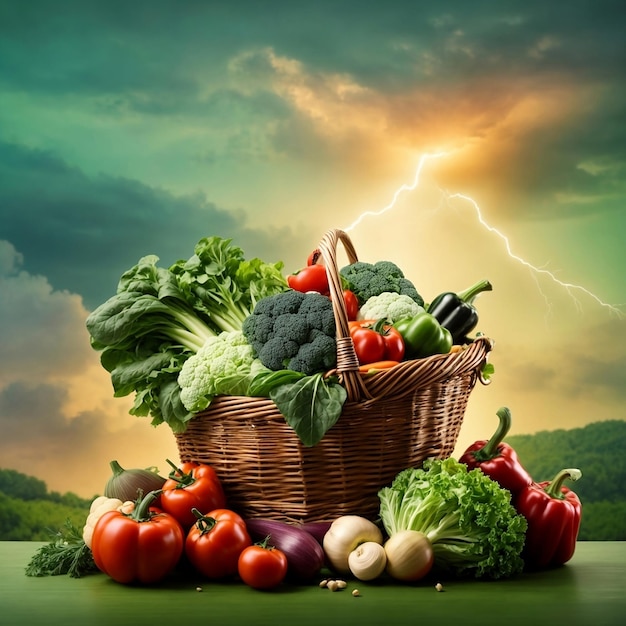Ilustración de una canasta de diferentes tipos de verduras con fondo de cielo verde