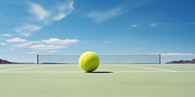 Ilustración de una cancha de tenis prístina con una pelota de tenis amarilla a punto de ser servida