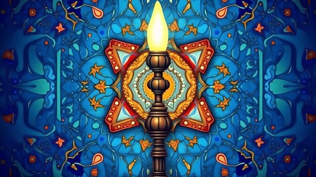 Ilustración de un candelabro y estrellas en un fondo azul