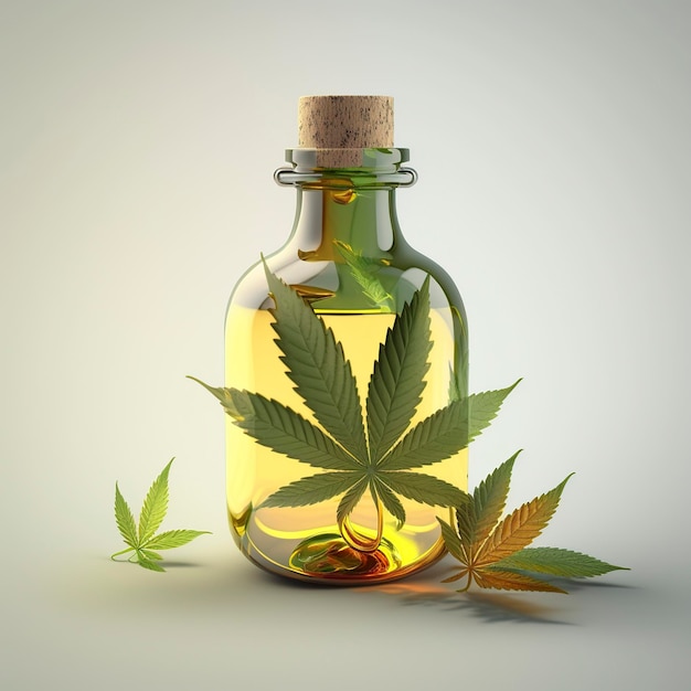 Ilustración cannabis medicinal con extracto de aceite en una botella en la luz generativa ai