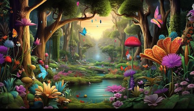 Foto una ilustración caprichosa en 3d de un bosque despertando a la primavera