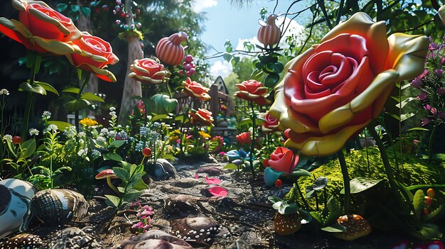 Ilustración caprichosa en 3D de un jardín con flores gigantes, setas y otras plantas extrañas