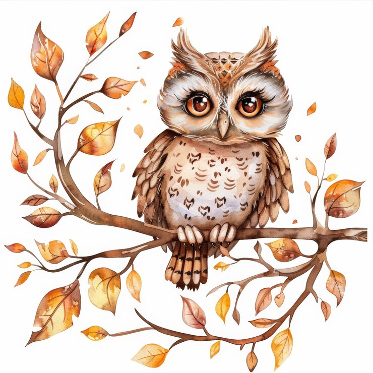 Ilustración caprichosa en acuarela de un simpático búho en la rama de otoño Elemento de vida silvestre aislado en fondo blanco