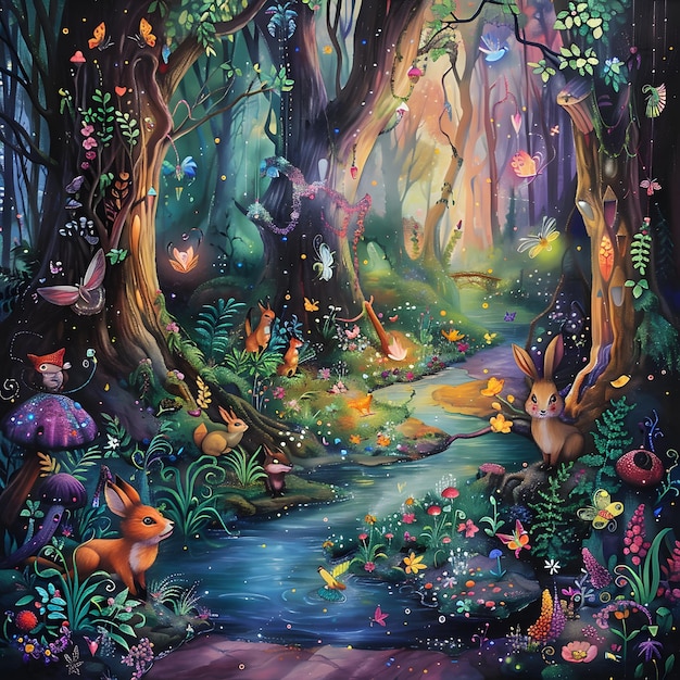 Ilustración caprichosa del bosque Escena colorida de la naturaleza y la vida silvestre