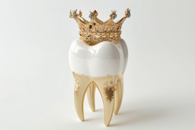 Ilustración caprichosa de un diente sonriente con una corona dorada que simboliza la salud dental y la importancia del cuidado dental
