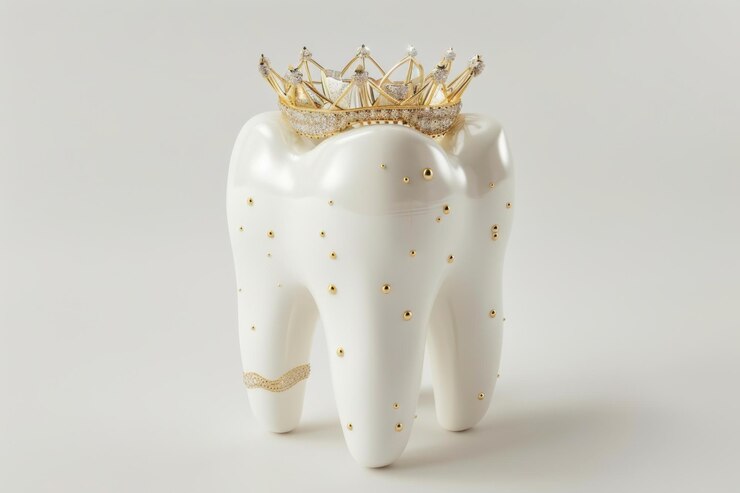 Ilustración caprichosa de un diente sonriente con una corona dorada que simboliza la salud dental y la importancia del cuidado dental