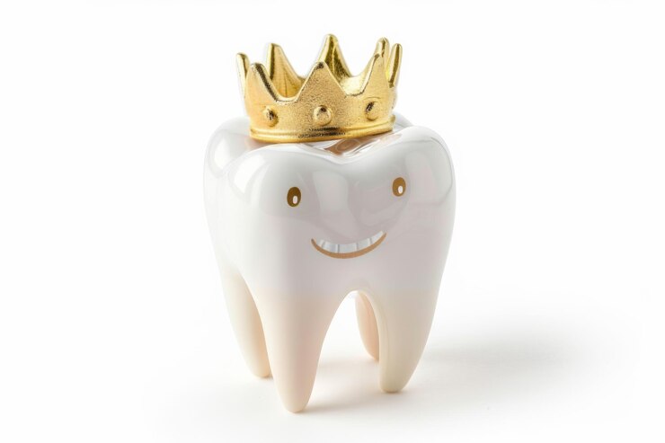 Ilustración caprichosa de un diente sonriente con una corona dorada que simboliza la salud dental y la importancia del cuidado dental