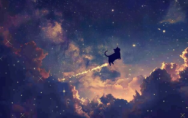 Foto ilustración caprichosa gato en una estrella fugaz