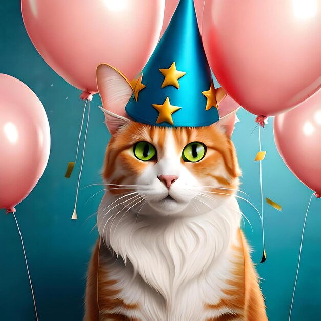 Una ilustración caprichosa de un gato con un gorro de fiesta rodeado de globos.