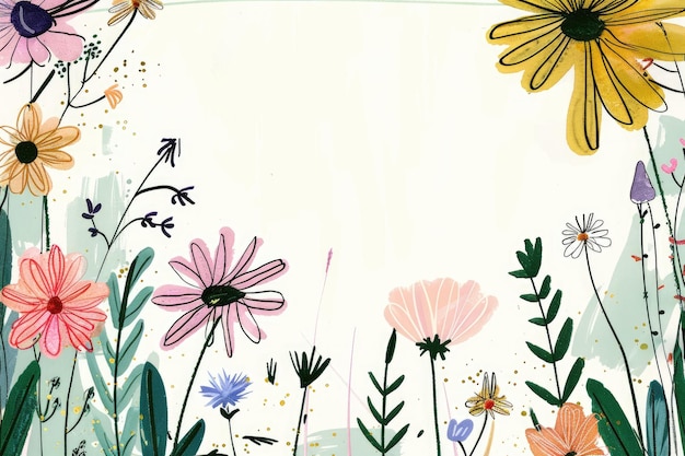 Ilustración caprichosa del jardín con flores y plantas de colores