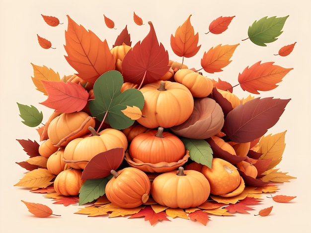 Una ilustración caprichosa de un montón de hojas de otoño dibujadas en un estilo vectorial único