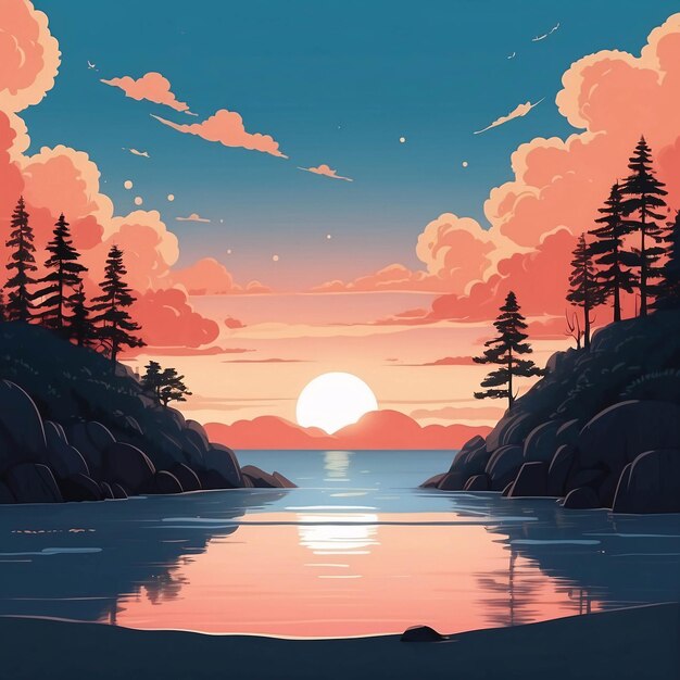 Foto ilustración caprichosa de la naturaleza puesta de sol en el mar y el bosque estilo anime