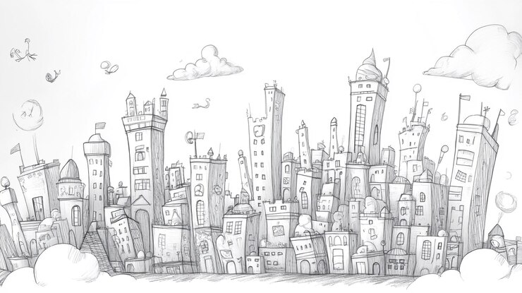 Ilustración caprichosa del paisaje urbano con edificios imaginativos nubes y banderas contra un blanco