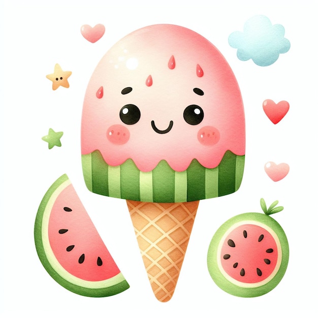 Ilustración caprichosa con tema de sandía con rebanadas de cono de helado y motivos de verano en un estilo de acuarela suave