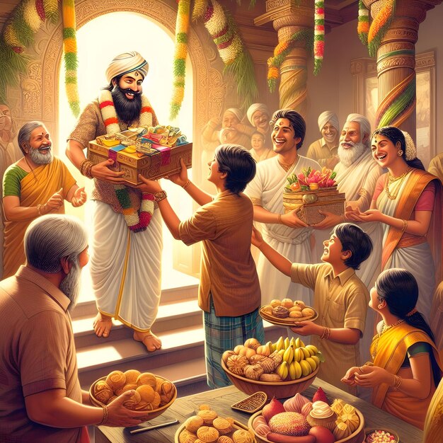 Una ilustración captura las alegres celebraciones del Año Nuevo Vishu mientras la gente intercambian regalos y
