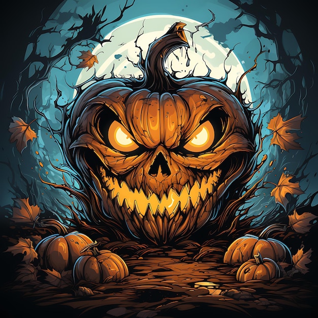 Ilustración de una cara de calabaza de Halloween colorido miedo