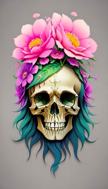 Ilustración de cara de calavera muerta con salpicaduras de flores y elementos de la naturaleza2