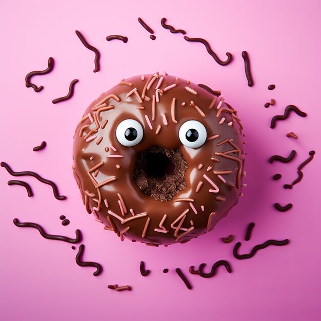 Foto ilustración de cara de choque gracioso rosquilla de cacahuete de chocolate en un pastel