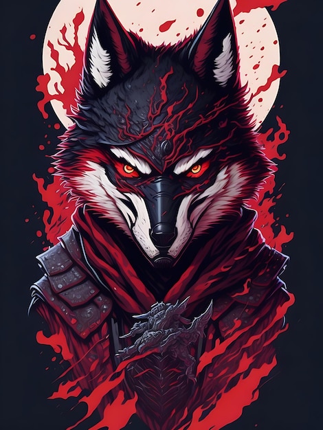 Ilustración cara malvada ninja lobo diseño de camiseta mágica color rojo diseño de lobo en estilo de ilustración