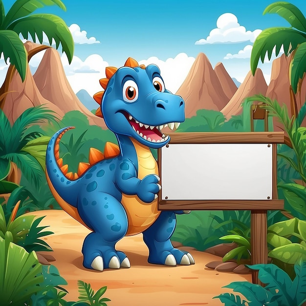 Foto ilustración de una caricatura de dinosaurios con fondo de paisaje y un letrero en blanco