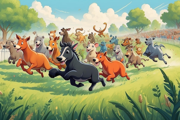 Ilustración de una carrera animal caprichosa a través de un campo de hierba