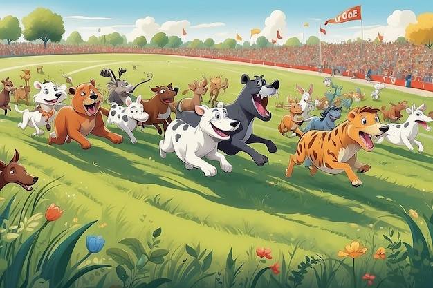 Ilustración de una carrera animal caprichosa a través de un campo de hierba