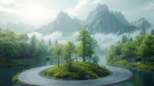 Ilustración de carretera curva con bosque flotante, tierras, montañas, árboles y animales aislados, horizonte de la selva con paz de la tierra, camino compuesto aislado añadido.