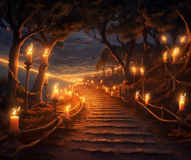 Ilustración de la carretera de peregrinación a la luz de las velas