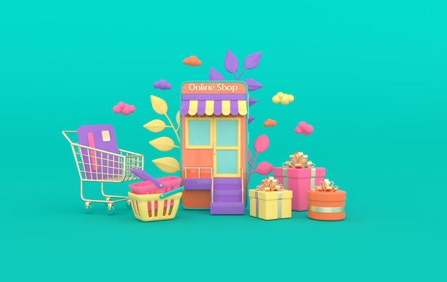 Ilustración de carrito de compras, caja de regalo, tarjeta de crédito, nubes, teléfono inteligente, compras en línea