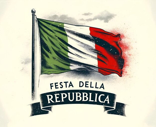 Foto ilustración de un cartel con la bandera italiana ondeando en un mástil para el día de la república