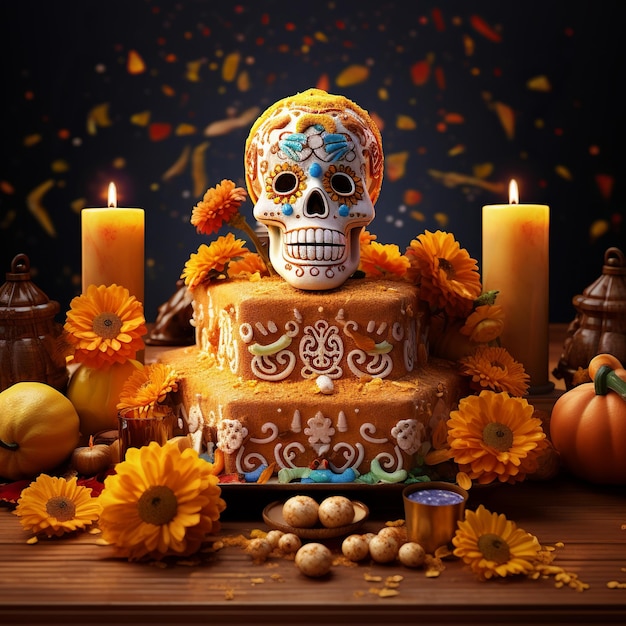 Ilustración del cartel del día de los muertos en 3D Calavera de azúcar ilustrada en 3D