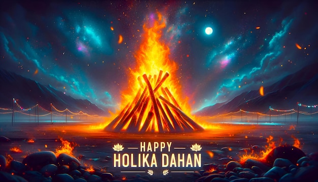 Foto ilustración del cartel de holika dahan con una gran fogata