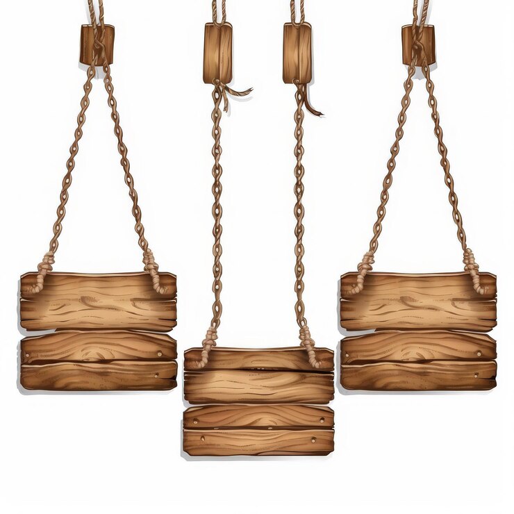 Foto ilustración de cartel de madera en blanco y cartel de dibujos animados colgantes colección de carteles de madera rústica aislados sobre fondo blanco