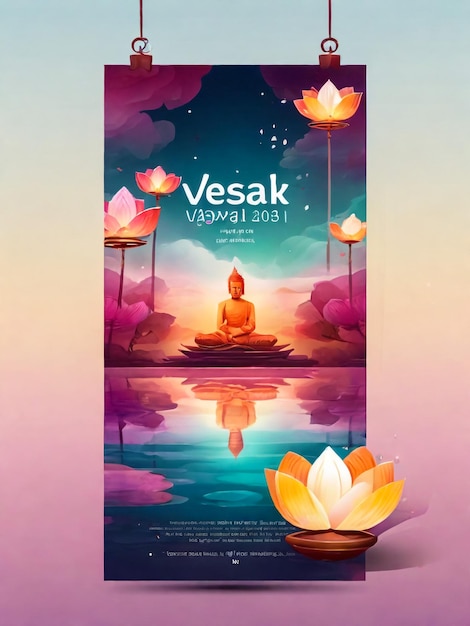 Ilustración de carteles o carteles de felicitación de la celebración de Vesak Linterna y adornos de loto Perfecto para el cartel vertical o cartel de felicitación y otros diseños para celebrar el Día de Vesak